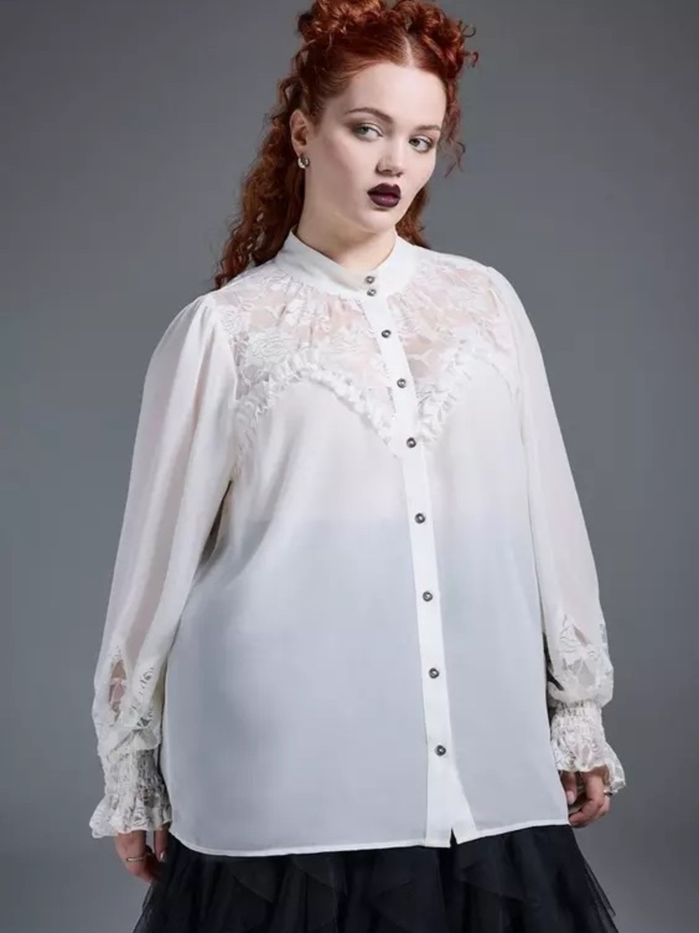 torrid White Lace Yoke Button-Front Blouse